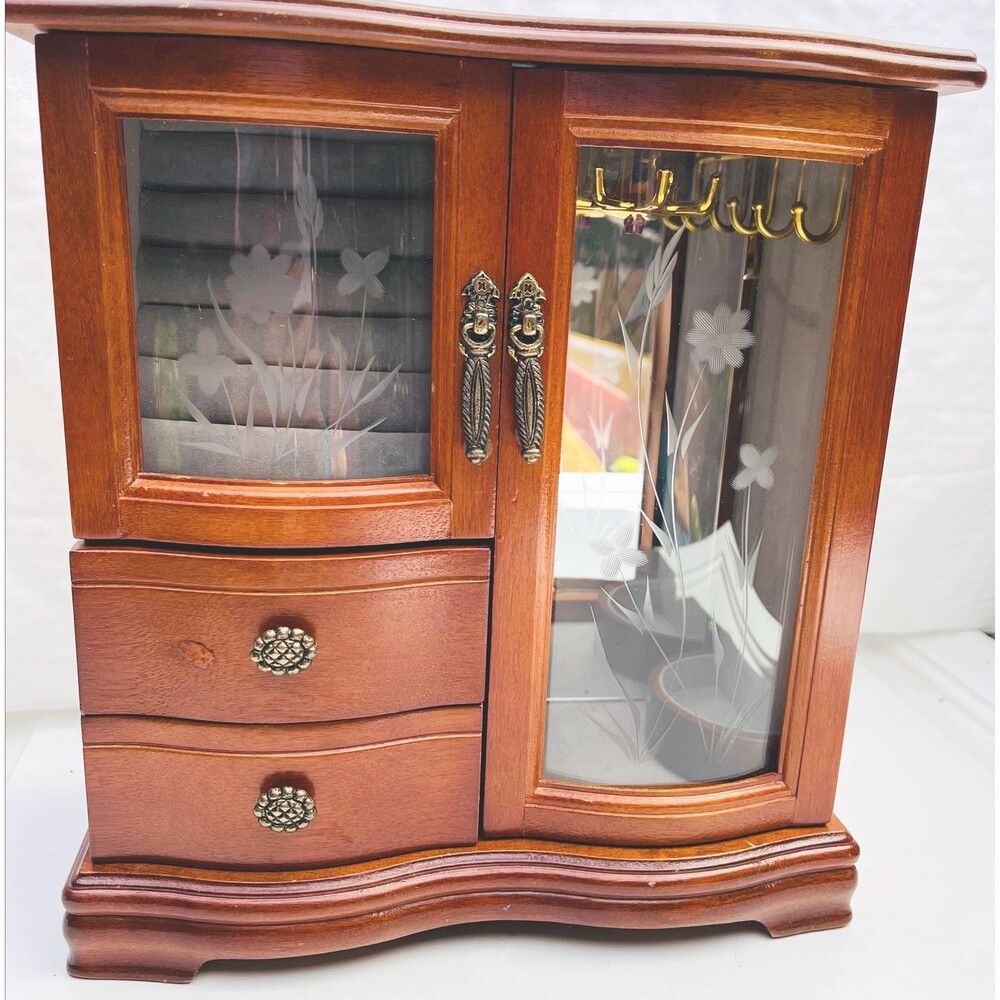 Vintag Wooden Jewelry Box Armoire Etched Glass Door Mirrored Chest  11" X10"x5"
